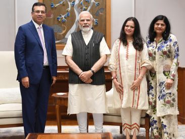 Dr Sanjiv Goenka , Mrs Preeti Goenka and Mrs Avarna Jain with the Honourable Prime Minister Narendra Modi ji   